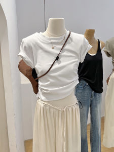 Slim Fit Short Sleeve T-Shirt Womens Summer Casual Pure Color Padded Shoulder Folded Waist Slimming Short Length White Top