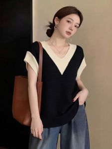 AIYITI | Slimming Contrast V-Neck Short-Sleeved T-Shirt Loose Knitwear