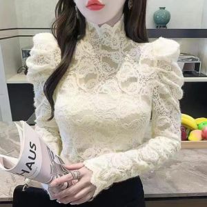 Stylish High-Neck Lace Underwear Shirt for Women Spring Autumn Winter New Fleece Thickened Slim Fit Bubble Sleeve Top
