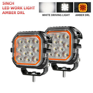 HL3/4/5inch Square LED White Work Light Flood Beam Amber Halo Daytime Running Light IP68 Long off-road use for 4x4 Pickup SUV