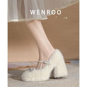 เรียบหรู รองเท้าส้นสูง Mary Jane ขนยาวพื้นหนาและ ผ้าขนแกะ สําหรับผู้หญิง ฤดูใบไม้ร่วง ฤดูหนาว รองเท้าเดี่ยวส้นหนาปมผีเสื้อเพชร