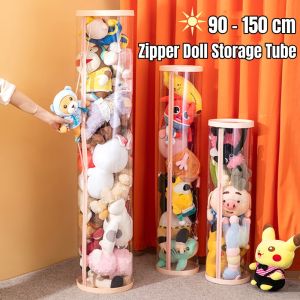 Zipper doll storage tube PVC plush toy doll cloth bucket transparent cylinder DIY sorting box storage basket 90/120/150