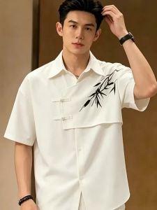 OUMULONG | Mens Ice Silk Breathable White Bamboo Embroidered Chinese Style Short Sleeve Shirt