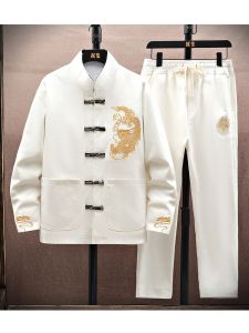 New Chinese Style Mens Jacket Youth Spring Autumn Wind Tang Suit Embroidered Stand Collar Button Decorated Hanfu Coat