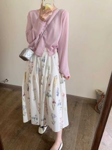French Sweet Floral A-Line Elastic Waist White Pleated Midi Skirt Women Summer New Small Size Midi Skirts Korean Style Commute