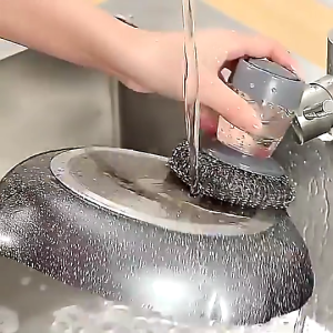 Dish Washing Brush Short Handle Pressing Soap Dispenser Kitchen Cleaning Tools Steel Wire Brushes Press-Type Soap Dispenser Copper Wire Scrubber for Cleaning