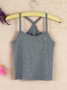 เสื้อกั๊กคอตตอนทรงสลิมฟิตสีพื้นสำหรับผู้หญิงในฤดูใบไม้ร่วง แขนสั้น ด้านหลังสวยงาม เสื้อชั้นในแบบครึ่งตัว สายเดี่ยว ความยาวสูง