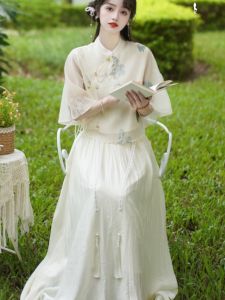 Light National Style Set Zen New Chinese Dress for Young Ladies Ancient Costume Shang Dynasty Early Republic of China Womens Dress