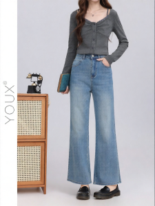 YOUXIANG | Quần Jeans Đùi Rộng Cao Waist Xanh