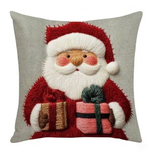 VIKAMA Xmas Cushion Cover Santa Present Winter Holiday Print Pillowcase No Insert Included for Living Room Bedroom Home Decor