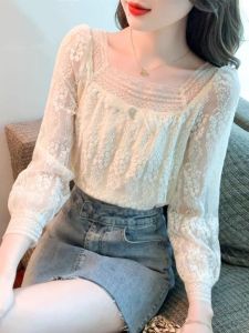 WANGGONGZHU | Princess Style Lace Shirt Womens Spring Autumn Thin New Fashion Design Slimming French Style Top Square Collar Long Sleeve