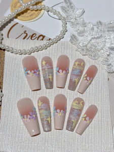 Detachable Medium-Length Nail Tips Gentle Color Gradient Cute Ice Tea Design Girls Heart White Enhancing False Nails for Daily Use