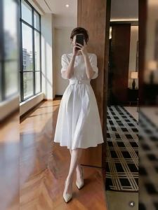 NIUVIES | Đầm Áo Sơ Mi Trắng Elegent Dài