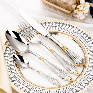 Food Grade 304 Stainless Steel Steak Knife And Fork Spoon Embossed Handle Western Food Knife And Fork Spoon Set High Grade Gold And Silver Tableware 4 Pcs/Set