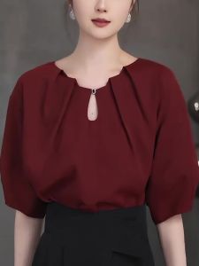 Summer 2025 Irregular Pleated Short Sleeve Shirt Design Sense Commute Slimming Versatile Top Korean Style  Shape Sandal Type