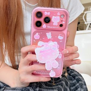 Sanrio | Kawaii Pink Sanrio Hello Kitty Silicone Phone Case for iPhone 17 16 15 Pro Max Airbag Stand Shockproof Protective Soft Cover