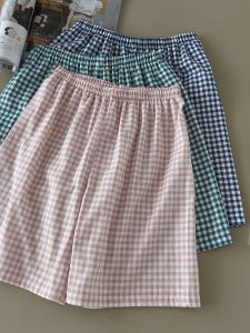 Pure ผ้าฝ้าย ลายสก็อต ชุดนอน ชุดราตรีไร้รอยต่อเอวกลางบ้านสบาย กางเกง ระบายอากาศได้ดี ฤดูร้อน นอนหลับ กางเกง ผู้หญิง ลำลอง สวมใส่