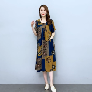 TTQQ Dresses for Womens Cotton Linen Round Neck Checkered Pocket Dresses for Women A-line