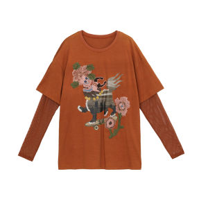 เสื้อยืดคอกลมแขนยาวหลวมๆ สำหรับผู้หญิง ฤดูใบไม้ร่วง ใหม่ เสื้อผ้าทำงานแบบยูนิเซ็กซ์ สไตล์วินเทจ ลายพิมพ์ ชุดสองชิ้น