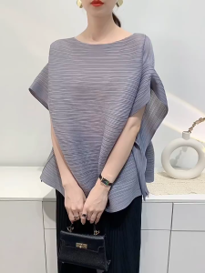 KESHANGYI Summer T-shirt Miyake Comfortable Casual Loose Pleated Top Women Short Sleeve Slim Commuter Office Clothes
