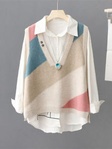 Color Block V Neck Tank Top Shirt Two Piece Set Women Outerwear Layering Sweater Ladies Vest Knittedwear Autumn Style