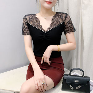 YIMEI 2025 Summer New Design Fashionable Lace V-neck Cotton Top Slim and Beautiful Handmade Nail Bead Short Sleeve Black T-shirt