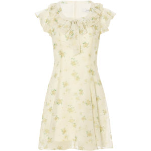 ชุดเดรสผู้หญิงสั้นลายดอกไม้สไตล์ฝรั่งเศส ช่วงฤดูร้อน กระโปรงทรงเอเอวสูง แขนสั้น ผ่าหน้าด้วยซิป ชุดเดรสสไตล์เจ้าหญิง