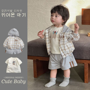 ชุดเดรสเด็กผู้ชายฤดูร้อน ชุดสามชิ้น เสื้อเชิ้ต กางเกงขาสั้น ชุดกันแดด ผ้าฝ้ายระบายอากาศได้ดี สไตล์เกาหลี แขนยาว ปกโปโล ลายสัตว์ สำหรับเด็กอายุ 17 ปี หรือต่ำกว่านั้น