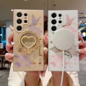 เหมาะสำหรับ S22ultra SamsungS23 S23 + S23อัลตร้าS24 S24 +เคสโทรศัพท์มือถือ S24ultraเคสโทรศัพท์มือถือรองรับโทรศัพท์มือถือดอกไม้รูปหัวใจผีเสื้อใหม่แผ่นรองหลังอะคริลิคเจาะแฟลชเคสโทรศัพท์มือถือป้องกันการกระแทก