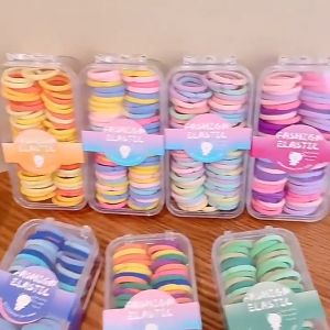 Ikat Rambut Mini Anak Warna Warni 1 Kotak isi 60 pcs Ikat Rambut Set Plus Box Korean Style Elastis Kunciran Rambut Model Polos Elastis Fashion Wanita HHG