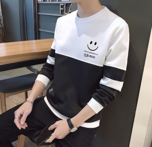 ROMON | Romon Mens Round Neck Sweatshirt Spring Autumn Trendy Smiley Print Long Sleeve T-Shirt Base Shirt Casual Fashion Streetwear