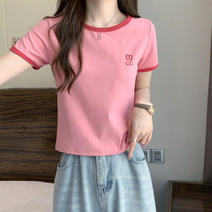 Pink Short Sleeve T-Shirt Womens Slim Fit Summer New Embroidery Design round Neck Short Style Korean Version Cotton Blend