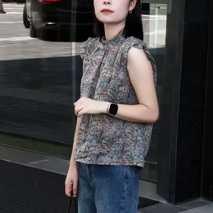 UYFY | Floral Print Stand Collar Sleeveless Top For Women Summer New Style Vintage Gentle French Style Commuting Lace Sleeve Shirt