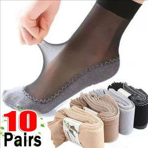 10Pairs Women Soft Silk Socks Non-Slip Bottom Splice Transparent Ladies Ultrathin Spring Summer Breathable Sock