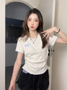 Summer Short Sleeve T-Shirt Womens Grey Rainbow Polka Dot Butterfly Knot Embroidery Short Shoulder Fit Cotton Sweet Style