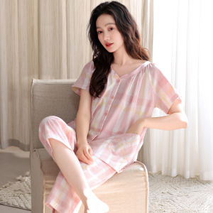 MiiOW | Bộ đồ ngủ cotton nguyên chất cho nữ mùa hè tay ngắn quần dài đến đầu gối mỏng thoáng khí mặc ở nhà có thể mặc ngoài trời