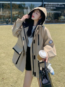 American Style Loose Couple Workwear Windbreaker Jacket Outerwear Coat Mid-Length Zipper Closure Long Sleeve Hooded Commute