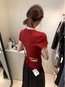 Áo Thun Nữ Tay Ngắn Màu Đỏ Mùa Hè Thiết Kế Hở Lưng Thắt Nơ Ôm Vừa Vặn Gợi Cảm Vai Áo Thường Xuyên Chất Liệu Khác