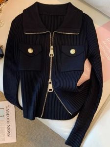 French Style Polo Neck Knit Cardigan