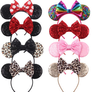 Disney Colorful Sequins Bows Mickey Mouse Ear Headband for Adults Festival Party Hair Accessories Women Girls Rainbow Hairbands