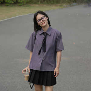 Bubu Greyish Purple Preppy Style Short Sleeve Niche Style Shirt Loose Versatile Casual Slim-Fit Thin Shirt Free Tie