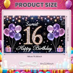 Sweet 16 Banner Glittery Design  Backdrop Balloon Decor Birthday Display  for Sweet 16 Party Teen Birthday Girls Celebration