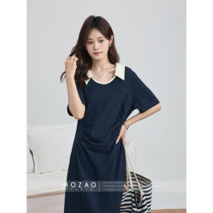 Elegant Short Sleeve Wrap Neck Slim Fit Dress Womens Summer New Style Small Size Long Dress A-Line Skirt Cotton Polyester