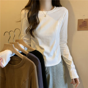 Plus Size Plus Size Ladies Fleece-lined Thickened Long Sleeves T-Shirt Womens Fall and Winter Korean Silm Slim Looking Belly-Covering Shirt Short Tops