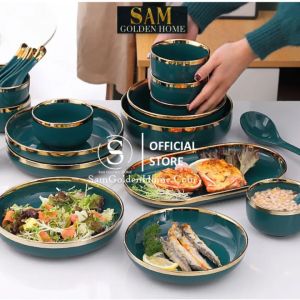 [HỎA TỐC] Bộ Chén Đĩa Sứ Dày Viền Vàng Gold Xanh Lục Bảo Xanh Cổ Vịt Sang Trọng Có Sẵn