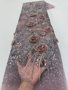 Luxury 2026 High Quality French 3D Beads Tulle Sequins Lace Fabric African Lace Fabric 5 Yards For Nigeria Wedding Party M318-1