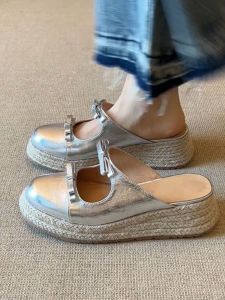 Ladies Vintage 6cm thick-soled sandals summer fashion Wedges Mule shoes