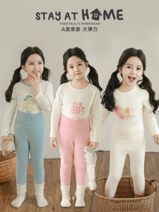 Adorable Pet Printed Childrens Home Clothes Set Soft Elastic Cotton Blend Fabric round Neck Long Sleeve Sleepwear for Girls