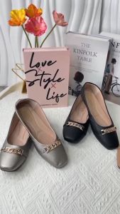 รองเท้าคัทชูแฟชั่นผู้หญิงส้นเตี้ย [รหัส766-50] ประดับโซ่ พื้นนิ่ม  สินค้าพร้อมส่งจากไทย