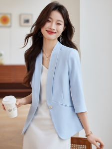 Blue Seven-Quarter Sleeve Womens Blazer Jacket Thin New 2025 High-End Design Small Size Sleeveless No Collar Western Style